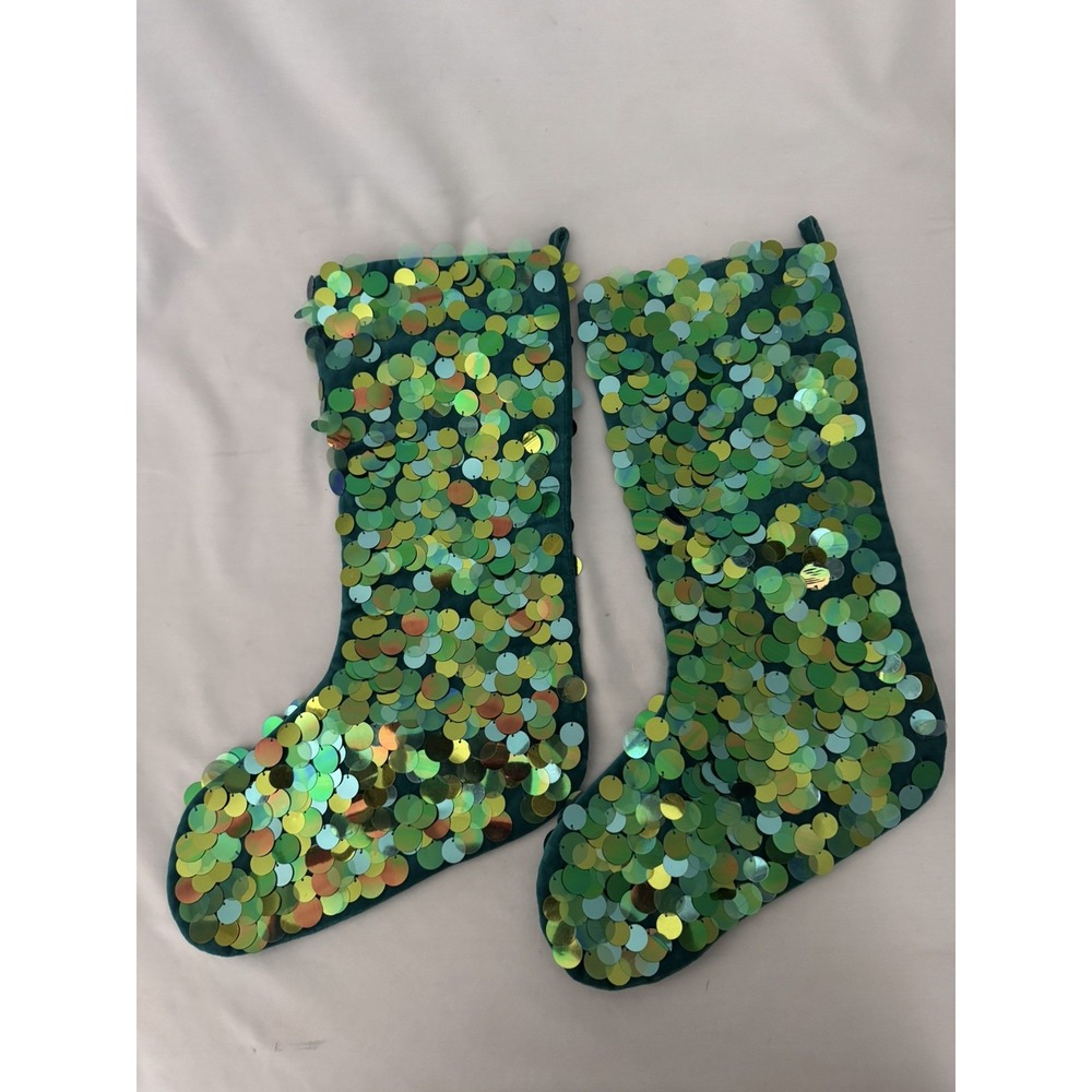 2 Sequined Christmas Stocking West Elm Green Large 21"